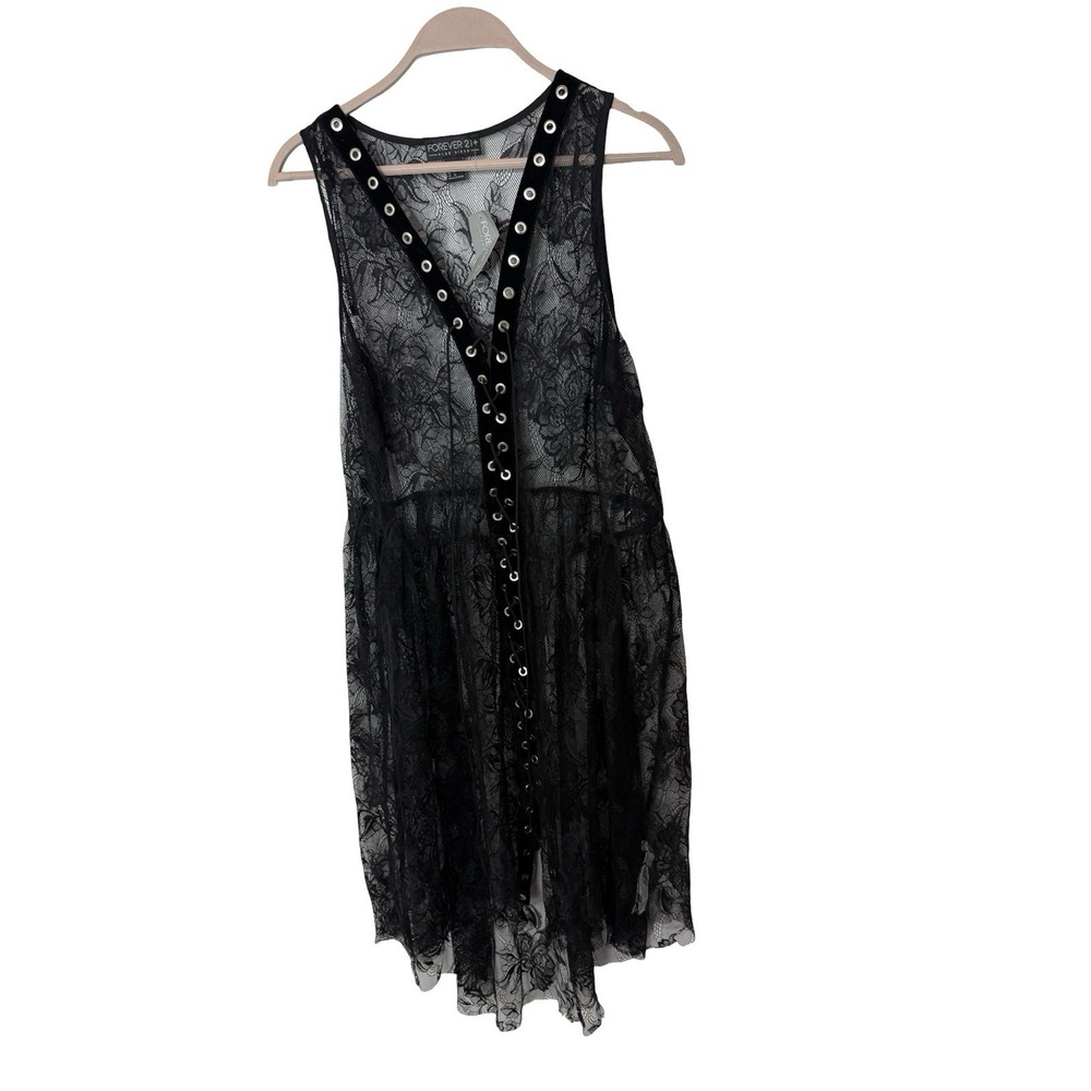 Forever 21 + 1X Knee Length lace topper dress sheer black new